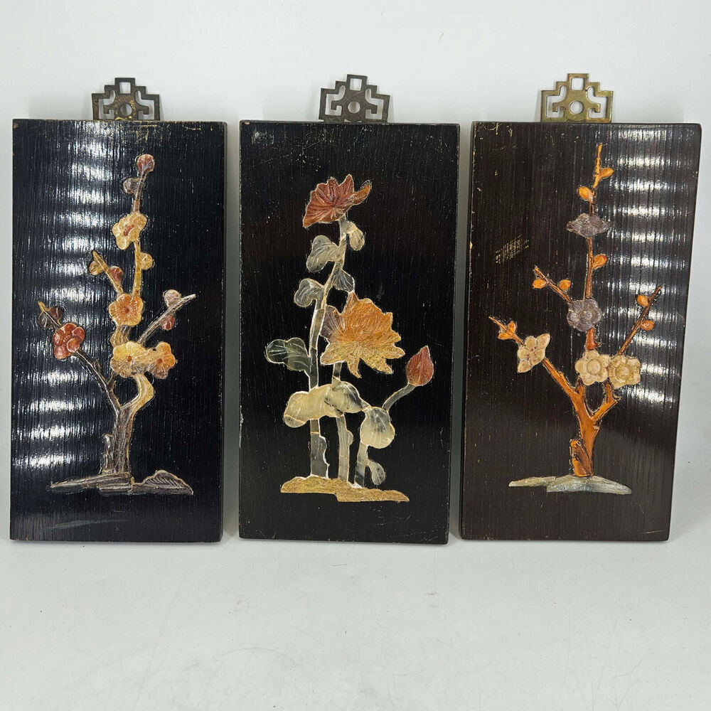 Vintage Soapstone carving Wall hanging flowers floral wood Hong Kong